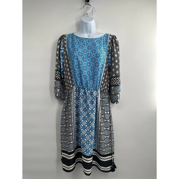 LOFT Blue/Black Ocean Mosaic Print Midi Tassell Dress Small‎ - Picture 9 of 10